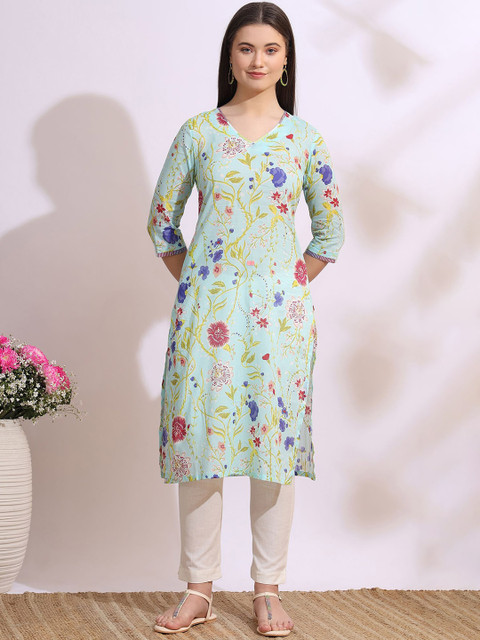 W Floral Printed V-Neck Pure Cotton Straight Kurta