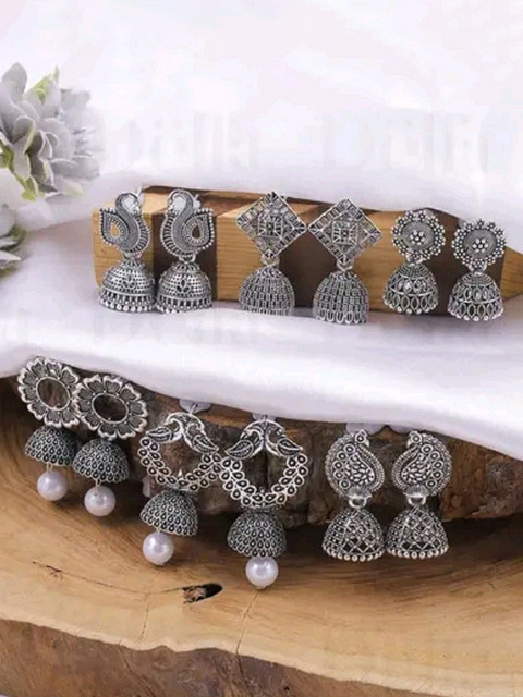 MADDY SPACE Set Of 6 Silver-Plated Artifical Beaded Oxidised Dome Shaped Jhumkas