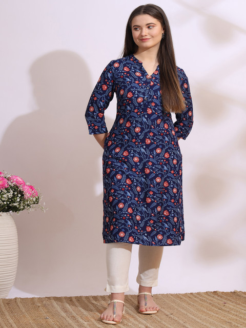 W Floral Printed Mandarin Collar Cotton Straight Kurta