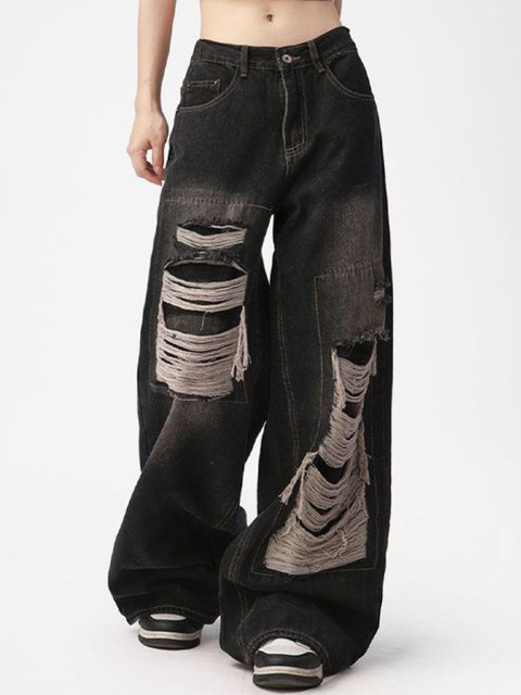 StyleCast Women Wide Leg Mid-Rise Highly Distressed Cotton Jeans