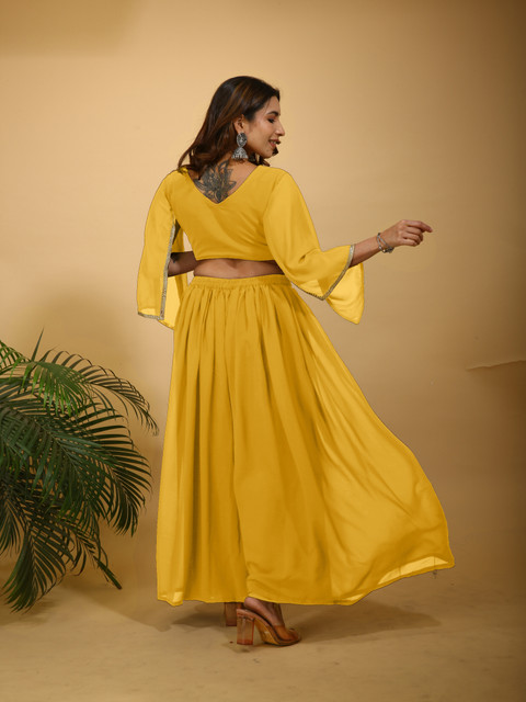 SANCIA Floral Embroidered V-Neck Flared Sleeves Sequinned Georgette Crop Top With Palazzos - Image 4
