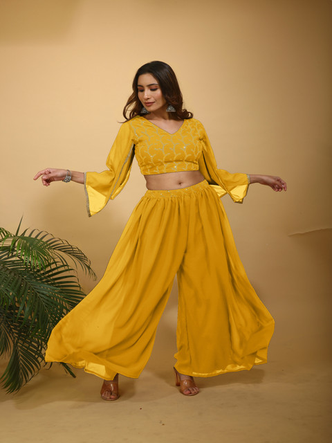 SANCIA Floral Embroidered V-Neck Flared Sleeves Sequinned Georgette Crop Top With Palazzos - Image 5