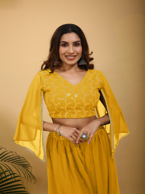SANCIA Floral Embroidered V-Neck Flared Sleeves Sequinned Georgette Crop Top With Palazzos - Image 2