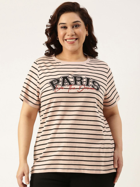 MARCA Bold Women Plus Size Striped Round Neck Cotton T-shirt