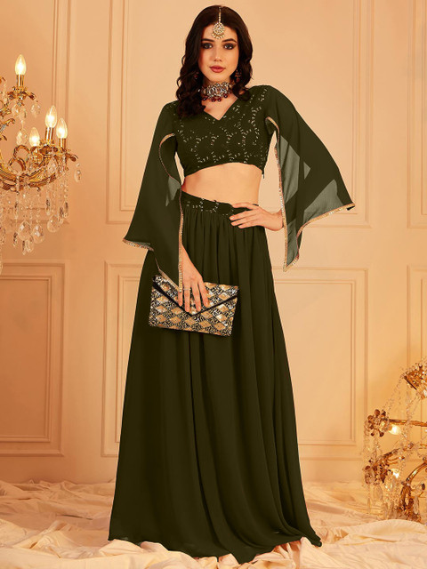 SANCIA Olive Embroidered V-Neck Crop Top With Palazzos