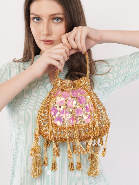 IBRA HANDICRAFTS Floral Embellished Potli Bag