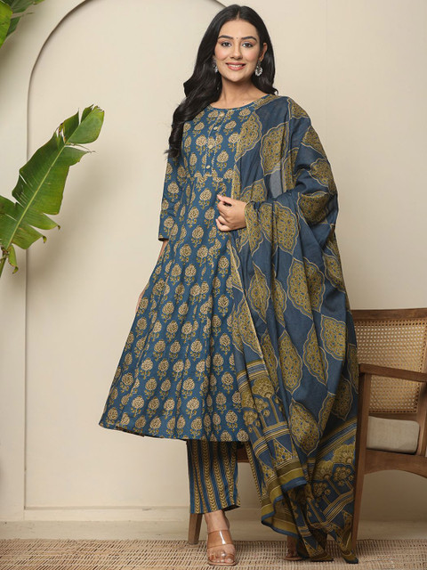 Yufta Floral Printed Pure Cotton Maternity Anarkali Kurta With Trousers & Dupatta