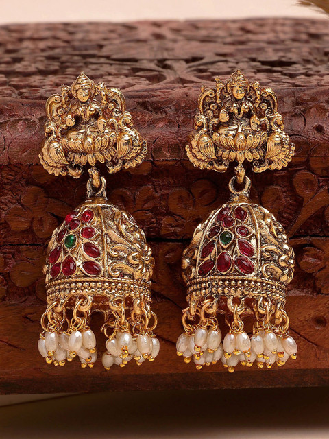 KARATCART Gold-Plated Dome Shaped Artificial Stones Studded Laxmi Mata Jhumkas