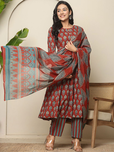 Yufta Floral Printed Maternity Pure Cotton Anarkali Kurta With Trousers & Dupatta - Image 3