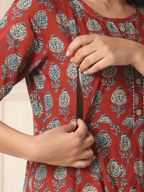 Yufta Floral Printed Maternity Pure Cotton Anarkali Kurta With Trousers & Dupatta - Image 6