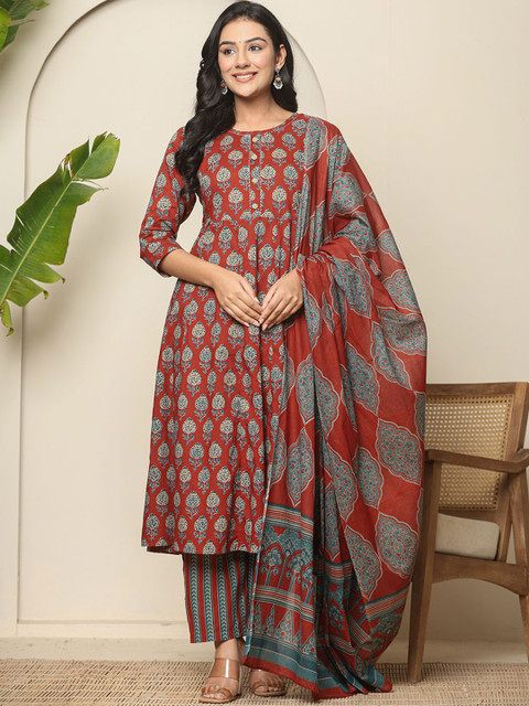 Yufta Floral Printed Maternity Pure Cotton Anarkali Kurta With Trousers & Dupatta