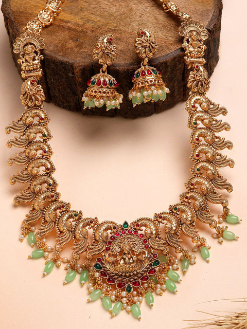 KARATCART Gold Plated Stone Studded & Beaded Laxmi Mata Rani Haar Temple Jewellery Set