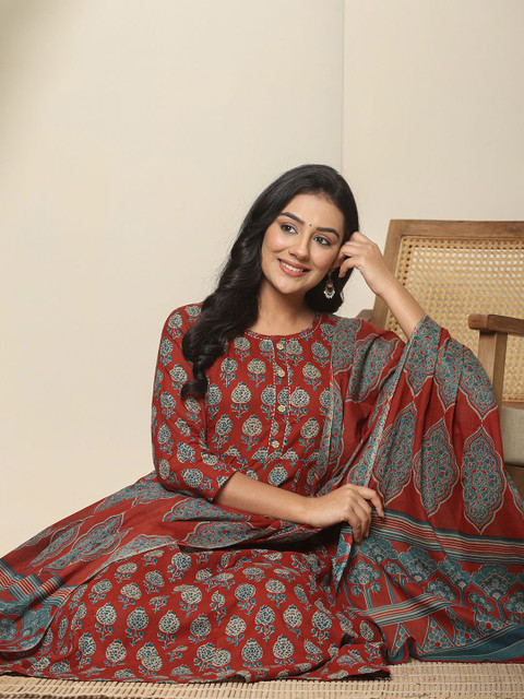 Yufta Floral Printed Maternity Pure Cotton Anarkali Kurta With Trousers & Dupatta - Image 5