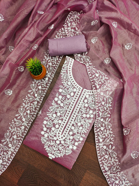 HERE&NOW Floral Embroidered Chanderi Cotton Unstitched Dress Material