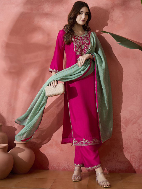 Sangria Magenta Floral Embroidered Sequinned Straight Kurta With Palazzo And Dupatta