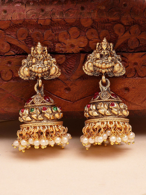 KARATCART Gold-Plated Beaded Laxmi Mata Design Jhumkas