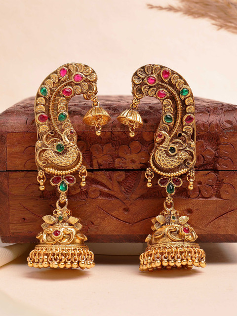 KARATCART Gold-Plated Dome Shaped Artificial Stones Studded Peacock Jhumkas