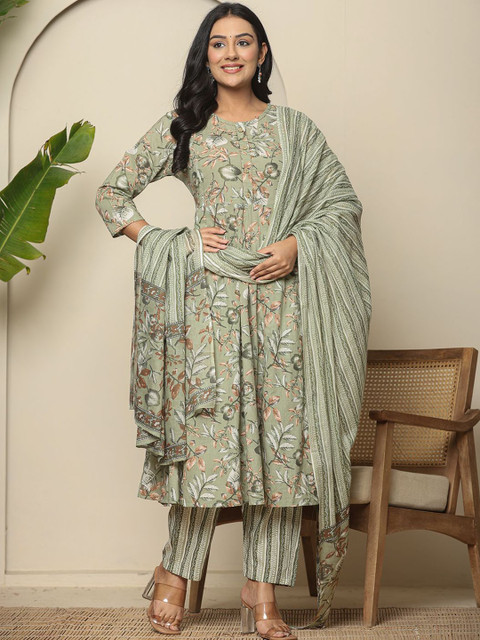 Yufta Floral Printed Empire Pure Cotton Maternity Anarkali Kurta With Trouser & Dupatta