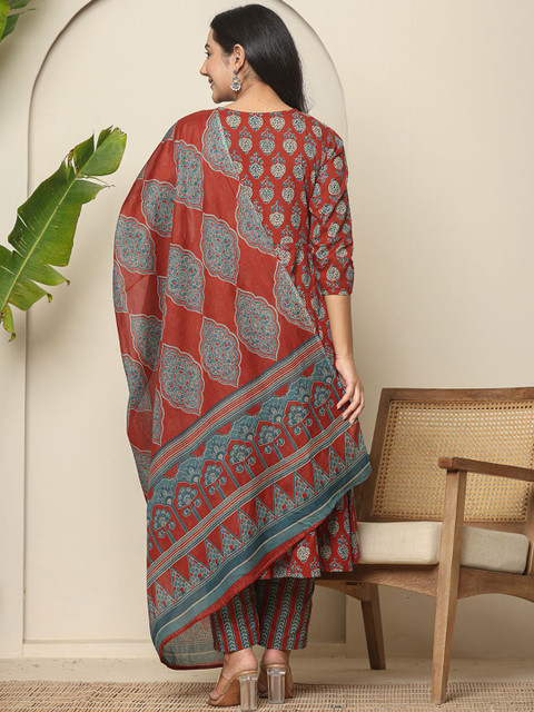 Yufta Floral Printed Maternity Pure Cotton Anarkali Kurta With Trousers & Dupatta - Image 4