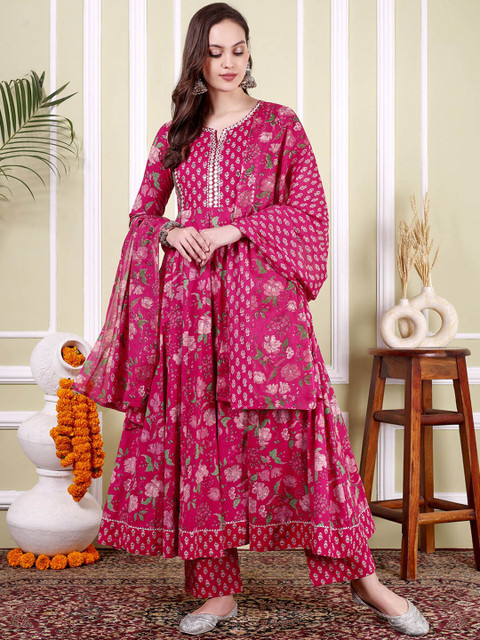 TARANJAL Floral Printed Notch Neck Pure Cotton Anarkali Kurta With Trousers & Dupatta