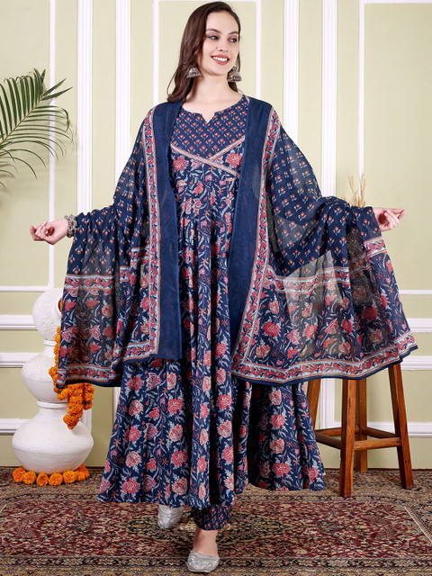 TARANJAL Floral Printed Notch Neck Pure Cotton Anarkali Kurta With Trousers & Dupatta