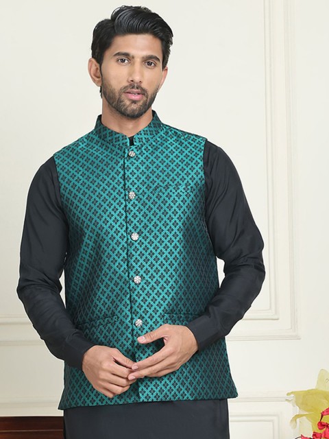Anouk Woven Design Mandarin Collar Neck Nehru Jacket