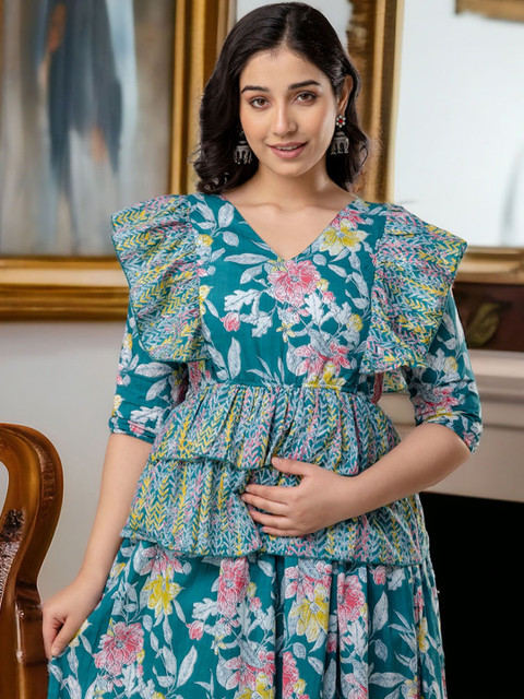Henal Floral Printed V-Neck Layered Pure Cotton Anarkali Maternity Kurta - Image 5