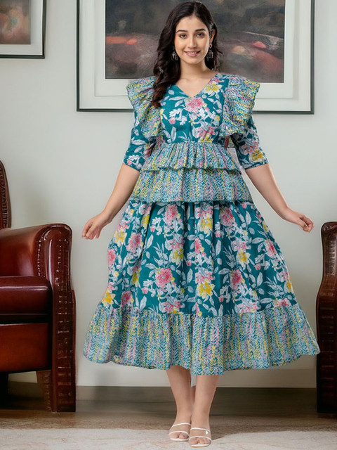 Henal Floral Printed V-Neck Layered Pure Cotton Anarkali Maternity Kurta - Image 4