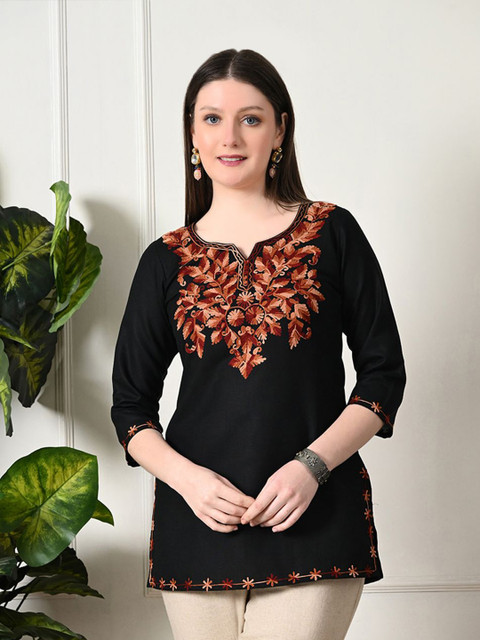 KALINI Floral Embroidered Thread Work Pure Cotton Thread Work Kurti