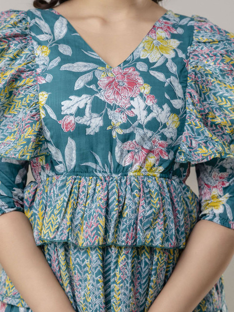 Henal Floral Printed V-Neck Layered Pure Cotton Anarkali Maternity Kurta - Image 2