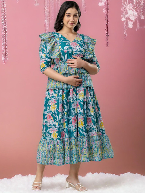 Henal Floral Printed V-Neck Layered Pure Cotton Anarkali Maternity Kurta - Image 7