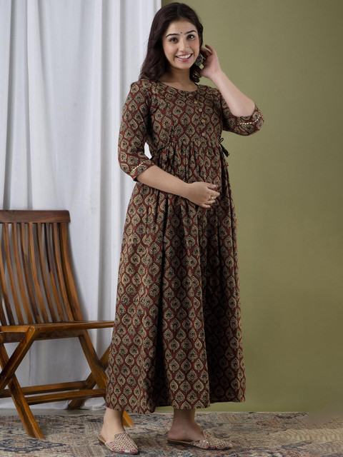 SILAKIVA Floral Printed Round Neck A-Line Maternity Dress - Image 3