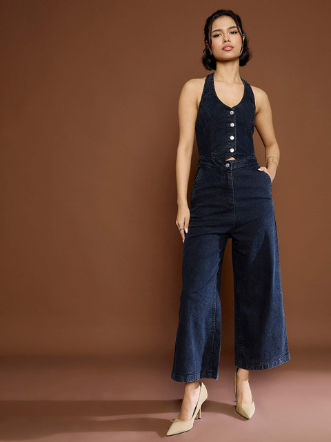 SASSAFRAS Women Cotton Halter Neck Basic Denim Jumpsuit