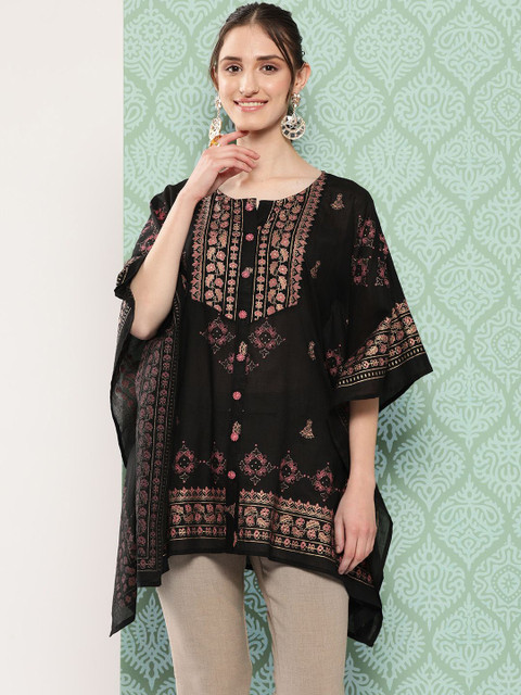KALINI Floral Printed Round Neck Flared Sleeves Kaftan Kurti