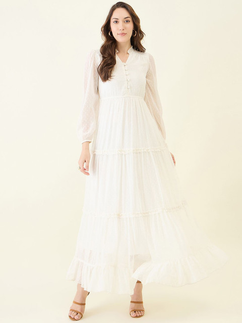 Aayu Women Solid Puff Sleeve V-Neck Georgette Layered Maxi Dress