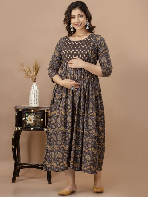 SILAKIVAFloral Printed Round Neck Fit And Flare Maternity Dress