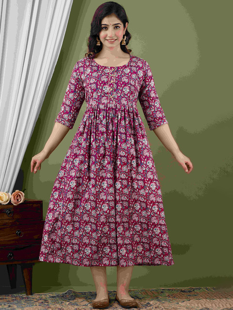 SILAKIVA Floral Printed Round Neck A-Line Maternity Dress