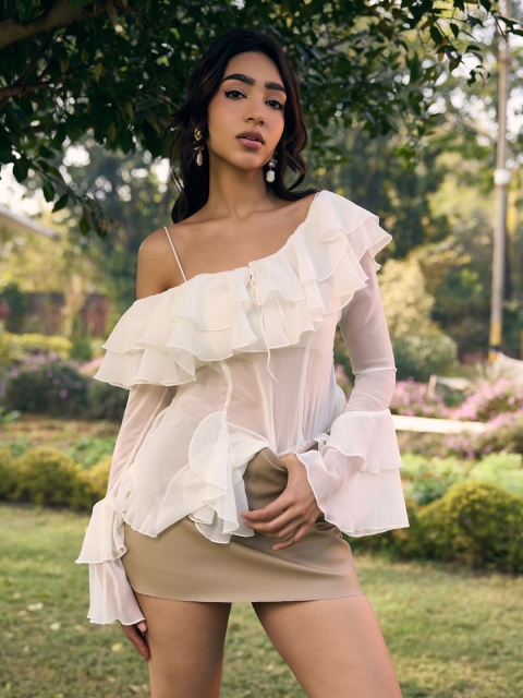 Lea Clothing Co. Vilma White Georgette Ruffled Boho Blouse