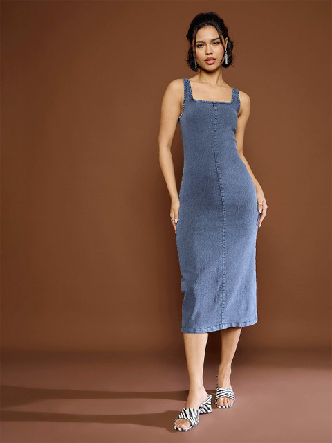 SASSAFRAS Women Denim Bodycon Midi Dress