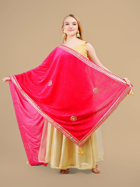 Karthav Fashion Ethnic Motifs Embroidered Velvet Dupatta With Gotta Patti