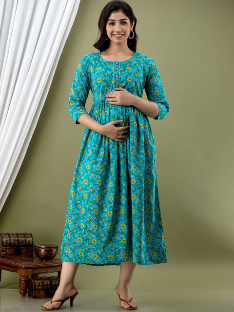 SILAKIVA Floral Printed Gathered Fit and Flare Maternity Dress