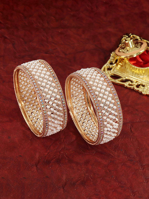 ZULKA Set Of 2 Rose Gold-Plated Artificial Stones and Beads-Studded Kada Bangles