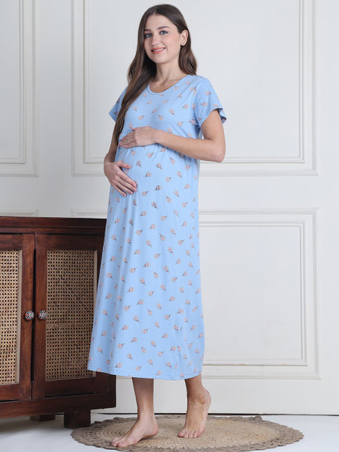 Secret Wish Women Candy Hosiery Printed Pure Cotton Maternity Nighty - Image 3