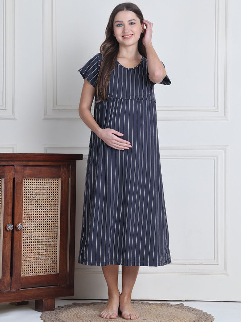 Secret Wish Women Striped Pure Cotton Maternity Nightdress