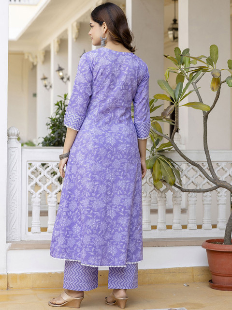 Anouk Floral Embroidered Sequinned Empire A-Line Pure Cotton Kurta With Trousers & Dupatta - Image 6