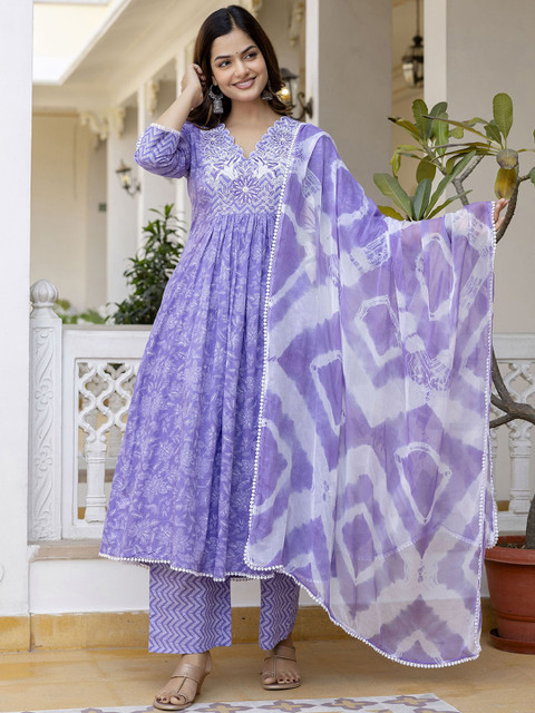 Anouk Floral Embroidered Sequinned Empire A-Line Pure Cotton Kurta With Trousers & Dupatta - Image 3