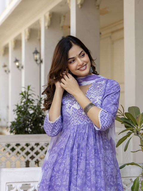 Anouk Floral Embroidered Sequinned Empire A-Line Pure Cotton Kurta With Trousers & Dupatta - Image 7