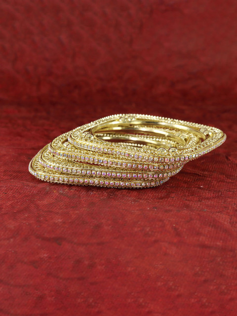 ZULKA Set Of 4 Gold-Plated Zircon Diamonds Stone-Studded Square Shaped Bangles