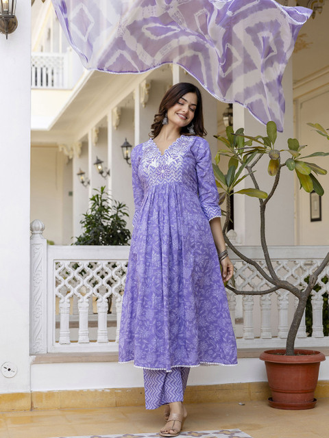 Anouk Floral Embroidered Sequinned Empire A-Line Pure Cotton Kurta With Trousers & Dupatta - Image 5