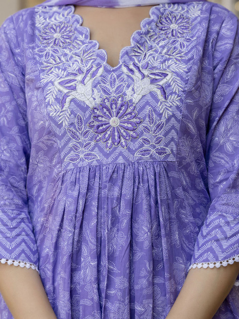 Anouk Floral Embroidered Sequinned Empire A-Line Pure Cotton Kurta With Trousers & Dupatta - Image 2